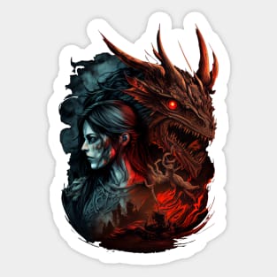 Fantasy dragon and undead woman Sticker
